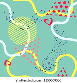 Abstract art modern seamless pattern background. Seamless lines, stripes, dots, shapes and brush strokes pattern. Artistic decoration for fabric, textile, fashion, wrapping print. Vector illustration