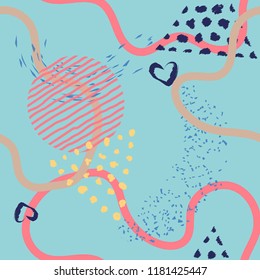 Abstract art modern seamless pattern background. Seamless lines, stripes, dots, shapes and brush strokes pattern. Artistic decoration for fabric, textile, fashion, wrapping print. Vector illustration