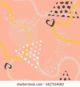 Abstract art modern seamless pattern background. Modern hand painted, curve shapes, dots. Bright seamless pattern with splashes of paint. Hand painted brush strokes.