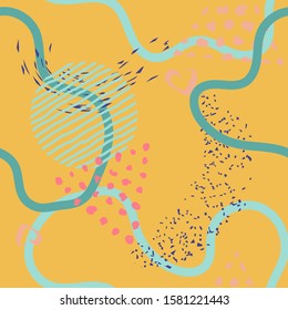 Abstract art modern seamless pattern background. Modern hand painted, curve shapes, dots. Bright seamless pattern with splashes of paint. Art for fabric, textile, fashion, print. 