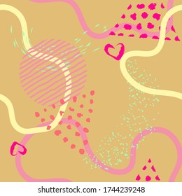 Resumen de arte fondo moderno de patrón sin costura. Moderno pintado a mano, formas de curva, puntos. Patrón luminoso y transparente con salpicaduras de pintura. Ilustración vectorial.