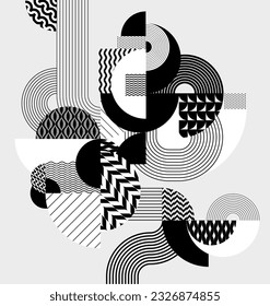 Abstract art monochrome composition. Patterned geometric shapes.