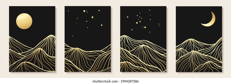 Abstract art mountain black and golden line-art modern style graphic background. Abstract geometric background. line art landscape Design for wall decoration, postcard or brochure cover design.