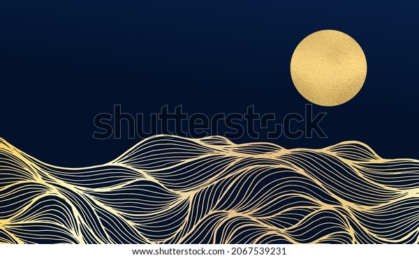 Abstract art mountain black and golden line-art\
modern style graphic background. Abstract geometric horizontal\
background. line art landscape Design for wall decoration, postcard\
or brochure cover.