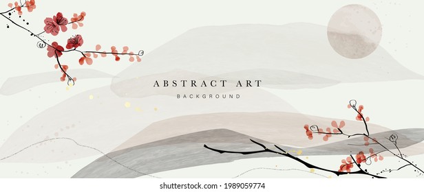 Resumen de arte, vector de fondo de montaña y flor. Papel de lujo de estilo oriental con flores de cerezo y ramas en primer plano. y seguido por el telón de fondo de las montañas y el sol.