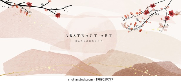 Resumen de arte, vector de fondo de montaña y flor. Papel de lujo de estilo oriental con flores de cerezo y ramas en primer plano. y seguido por el telón de fondo de las montañas y el sol.