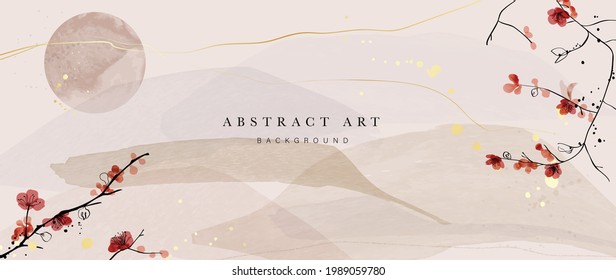 Abstract art mountain and flower background vector. Luxury Gold oriental style wallpaper with cherry blossoms and branches in the foreground. and followed by the backdrop of mountains and the sun.