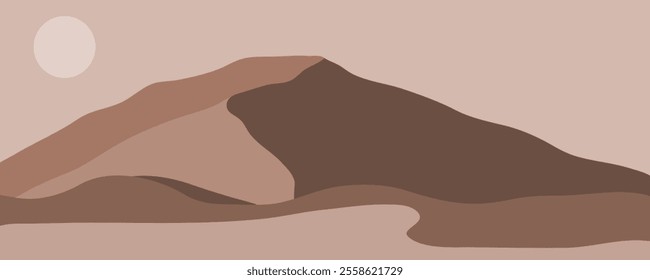 Abstract art mountain landscape in brown, beige, mocha color of the year 2025. Minimalistic style vector illustration of desert, dune for poster, banner, textile, wall art, interior decor.