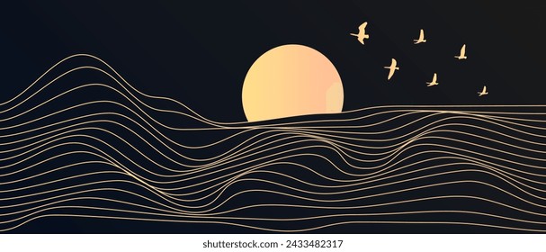 Paisaje de montaña de arte abstracto con pájaros voladores y amanecer o atardecer en líneas brillantes patrón de olas aisladas sobre fondo oscuro.