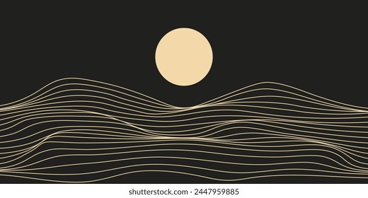 Abstractas arte paisaje montañoso con líneas brillantes patrón de olas (montaña, desierto, duna de arena) y una luna llena aislada en fondo oscuro. Ilustración vectorial
