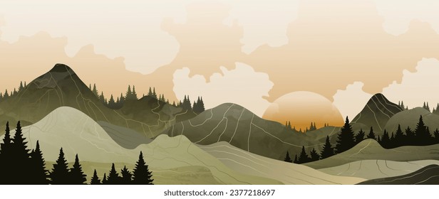 Abstract art, mountain vector landscape with sun and clouds. Watercolor green mountains with trees and golden lines. Design for wall decoration, print, cover, wallpaper, vip card.	