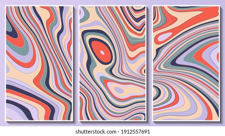 mural de arte abstracto de tres imágenes en marcos blancos. líneas de flujo livianas y finas con bordes ondulados que se solapan entre naranja, azul, amarillo y violeta. vector 