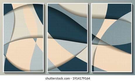 abstract art mural from three images in white frames. overlapping azure, gray, beige textured shapes. trendy abstract triptych. vector 