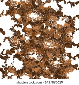 Abstract art nature backdrop. Brown colored floral vector seamless pattern. Silhouettes of abstract flowers on white background. Ornate organic template for design, textile, wallpaper, banner, border