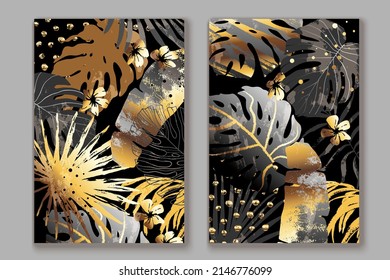 Abstract art nature background with golden, grey, beige exotic leaves. Artistic grunge hand drawn textures. Modern wallpaper, backdrop, wall art, poster, canvas print.