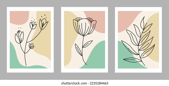 Abstract art nature background. Modern shape line vector art wallpaper. Boho foliage botanical leaves and flowers texture design for home wall decoration.
