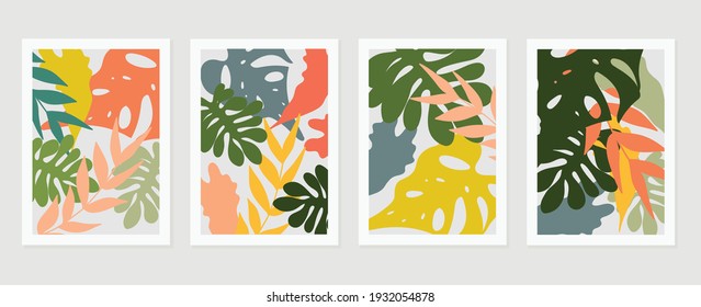 Abstract art nature background vector. Modern shape line art wallpaper. Boho foliage botanical tropical leaves and floral pattern design for home deco, wall art, social media post and story background
