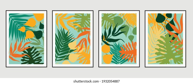 Abstract art nature background vector. Modern shape line art wallpaper. Boho foliage botanical tropical leaves and floral pattern design for home deco, wall art, social media post and story background