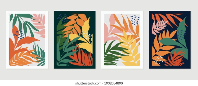 Abstract art nature background vector. Modern shape line art wallpaper. Boho foliage botanical tropical leaves and floral pattern design for home deco, wall art, social media post and story background