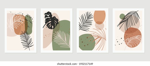 Abstract art nature background vector. Modern shape line art wallpaper. Boho foliage botanical leaves watercolor texture design for home deco, wall art, social media post and story background.