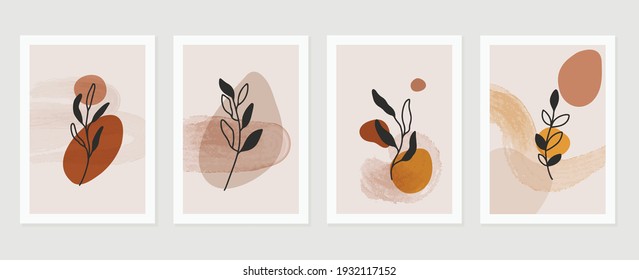 Abstract art nature background vector. Modern shape line art wallpaper. Boho foliage botanical leaves watercolor texture design for home deco, wall art, social media post and story background.