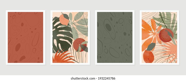 Abstract art nature background vector. Modern shape line art wallpaper. Boho foliage botanical tropical leaves and floral pattern design for home deco, wall art, social media post and story background
