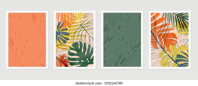 Abstract art nature background vector. Modern shape line art wallpaper. Boho foliage botanical tropical leaves and floral pattern design for home deco, wall art, social media post and story background