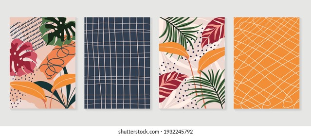 Abstract art nature background vector. Modern shape line art wallpaper. Boho foliage botanical tropical leaves and floral pattern design for home deco, wall art, social media post and story background