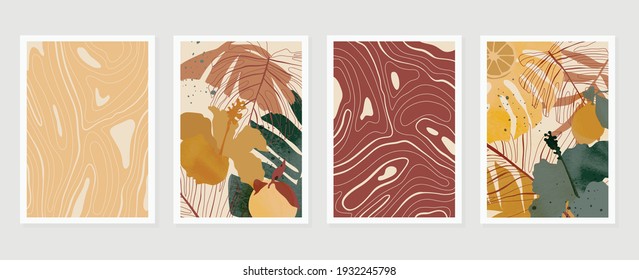 Resumen del vector de fondo de la naturaleza artística. Fondo de pantalla de arte moderno con líneas de forma. Hojas tropicales botánicas del follaje Boho y diseño de patrones florales para el deco doméstico, arte mural, publicaciones en medios sociales y antecedentes de la historia