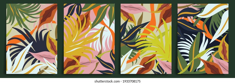 Abstract art nature background vector. Modern shape line art wallpaper. Boho foliage botanical tropical leaves and floral pattern design for home deco, wall art, social media post and story background