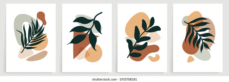 Abstract art nature background vector. Modern shape line art wallpaper. Boho foliage botanical tropical leaves and floral pattern design for home deco, wall art, social media post and story background