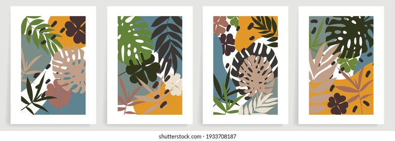 Abstract art nature background vector. Modern shape line art wallpaper. Boho foliage botanical tropical leaves and floral pattern design for home deco, wall art, social media post and story background