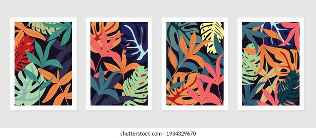 Abstract art nature background vector. Modern shape line art wallpaper. Boho foliage botanical tropical leaves and floral pattern design for home deco, wall art, social media post and story background