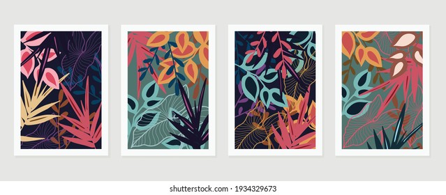 Abstract art nature background vector. Modern shape line art wallpaper. Boho foliage botanical tropical leaves and floral pattern design for home deco, wall art, social media post and story background