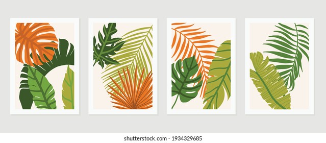 Abstract art nature background vector. Modern shape line art wallpaper. Boho foliage botanical tropical leaves and floral pattern design for home deco, wall art, social media post and story background