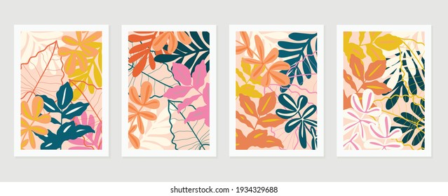 Abstract art nature background vector. Modern shape line art wallpaper. Boho foliage botanical tropical leaves and floral pattern design for home deco, wall art, social media post and story background