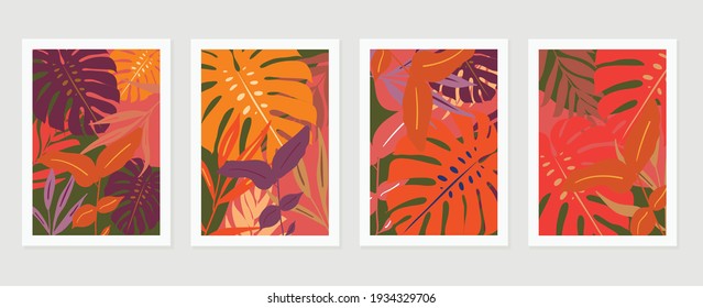 Abstract art nature background vector. Modern shape line art wallpaper. Boho foliage botanical tropical leaves and floral pattern design for home deco, wall art, social media post and story background