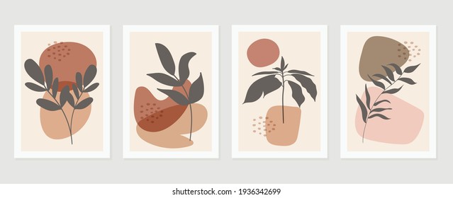 Abstract art nature background vector. Modern shape line art wallpaper. Boho foliage botanical leaves watercolor texture design for home deco, wall art, social media post and story background.