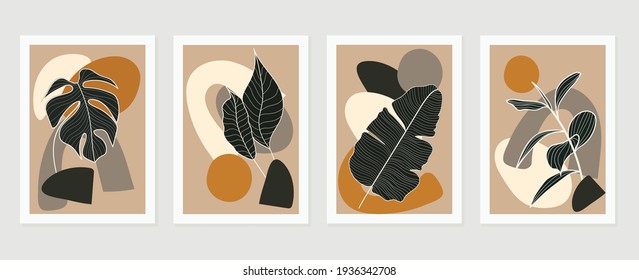 Abstract art nature background vector. Modern shape line art wallpaper. Boho foliage botanical leaves watercolor texture design for home deco, wall art, social media post and story background.