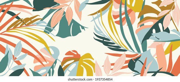Abstract Art Nature Background Vector. Modern Shape Line Art Wallpaper. Boho Foliage Botanical Tropical Leaves And Floral Pattern Design For Summer Sale Banner , Wall Art, Prints And Fabrics.
