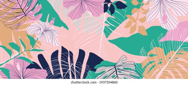 Abstract Art Nature Background Vector. Modern Shape Line Art Wallpaper. Boho Foliage Botanical Tropical Leaves And Floral Pattern Design For Summer Sale Banner , Wall Art, Prints And Fabrics.