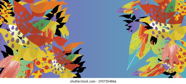 Resumen del vector de fondo de la naturaleza artística. Fondo de pantalla de arte moderno con líneas de forma. Hojas tropicales botánicas de follaje Boho y diseño de patrones florales para banner de venta de verano, arte de pared, huellas y telas.