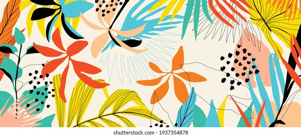 Abstract art nature background vector. Modern shape line art wallpaper. Boho foliage botanical tropical leaves and floral pattern design for summer sale banner , wall art, prints and fabrics.