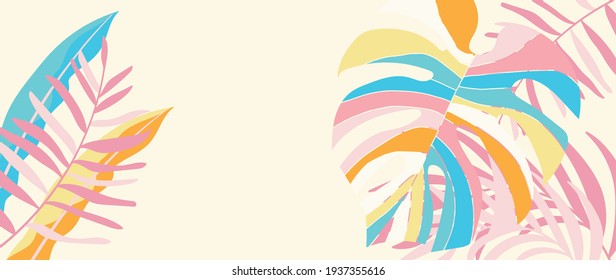 Resumen del vector de fondo de la naturaleza artística. Fondo de pantalla de arte moderno con líneas de forma. Hojas tropicales botánicas de follaje Boho y diseño de patrones florales para banner de venta de verano, arte de pared, huellas y telas.
