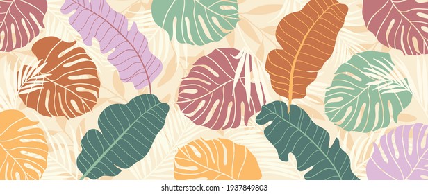 Resumen del vector de fondo de la naturaleza artística. Fondo de pantalla de arte moderno con líneas de forma. Hojas tropicales botánicas del follaje Boho y diseño de patrones florales para el deco doméstico, arte mural, publicaciones en medios sociales y antecedentes de la historia