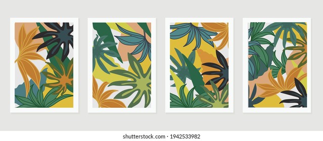 Abstract art nature background vector. Modern shape line art wallpaper. Boho foliage botanical leaves watercolor texture design for home deco, wall art, social media post and story background.