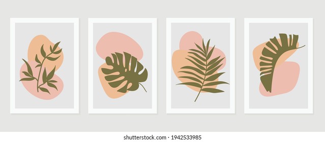 Abstract art nature background vector. Modern shape line art wallpaper. Boho foliage botanical leaves watercolor texture design for home deco, wall art, social media post and story background.
