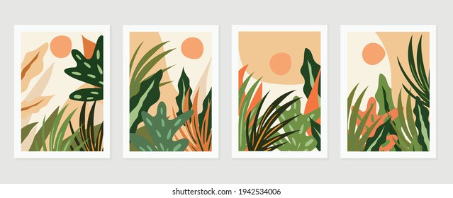 Resumen del vector de fondo de la naturaleza artística. Fondo de pantalla de arte moderno con líneas de forma. El boho follaje botánico deja el diseño de textura acuarela para el deco doméstico, el arte mural, el post en medios sociales y el fondo de la historia.