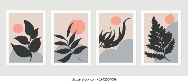 Abstract art nature background vector. Modern shape line art wallpaper. Boho foliage botanical leaves watercolor texture design for home deco, wall art, social media post and story background.