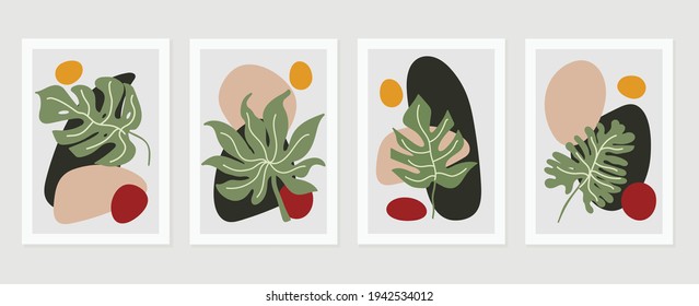 Abstract art nature background vector. Modern shape line art wallpaper. Boho foliage botanical leaves watercolor texture design for home deco, wall art, social media post and story background.